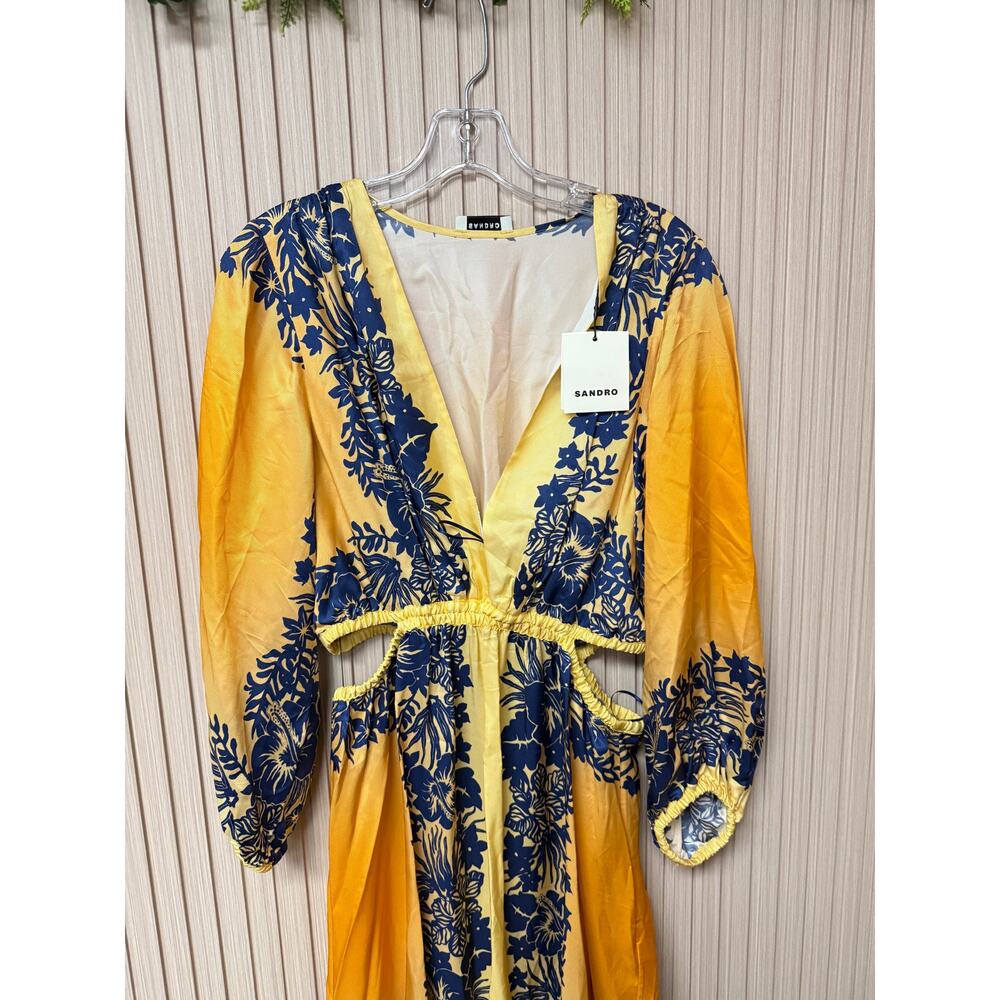 SANDRO PARIS Ocher Viscose Midi Dress In Yellow Blue Sz 40 / US8 MSRP $595 New - Picture 12 of 16